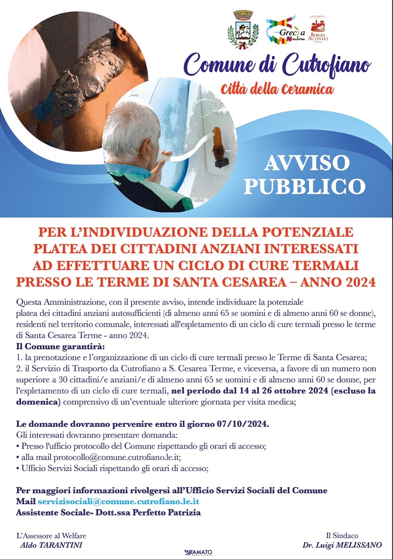 AVVISO PUBBLICO PER L'INDIVIDUAZIONE DELLA POTENZIALE PLATEA DEI CITTADINI ANZIANI INTERESSATI AD EFFETTUARE UN CICLO DI CURE TERMALI PRESSO LE TERME DI SANTA CESAREA - ANNO 2024